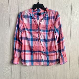 Talbots Petite Pink Blue Plaid Print Long Sleeve V-Neck Top Size PS
